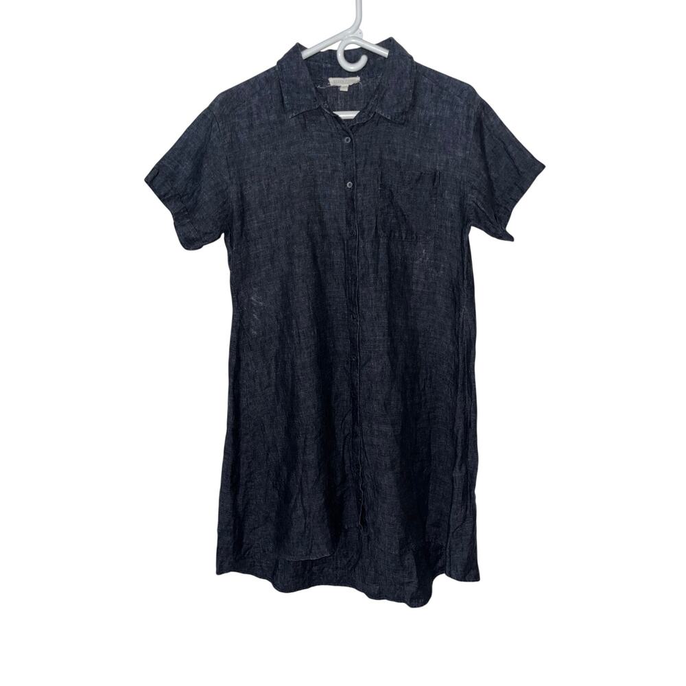 Eileen Fisher 100% Linen Short Sleeve Shirt Dress Black Charcoal Petite Small PS